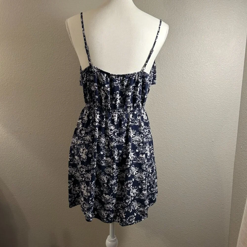 Women's Spring and Summer Navy Blue and White Printed Floral Dress with Ruffle